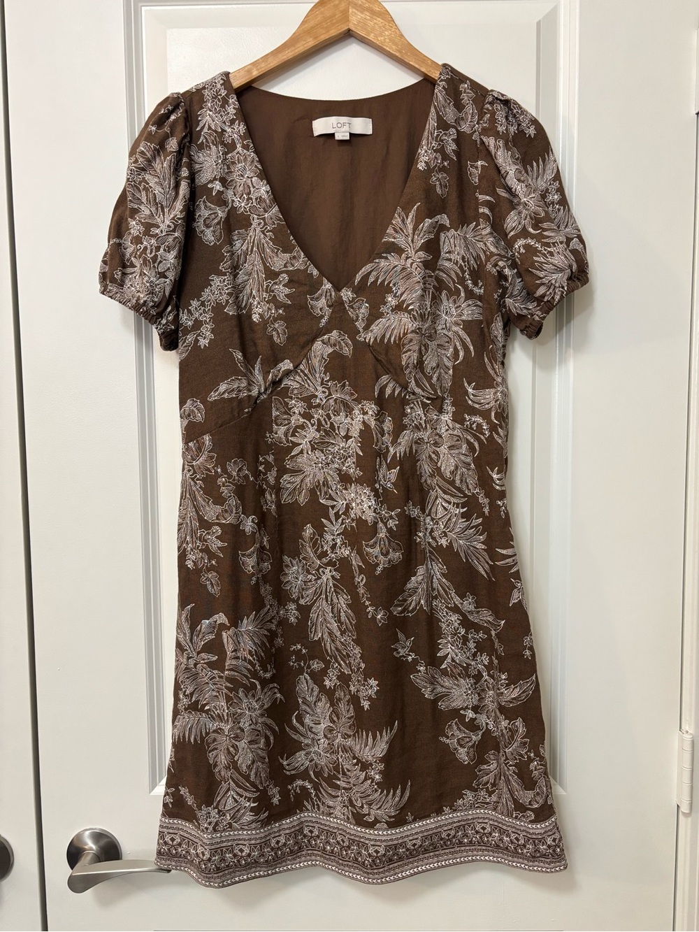 Loft Brown Floral Print Puff Sleeve Dress, Size 2